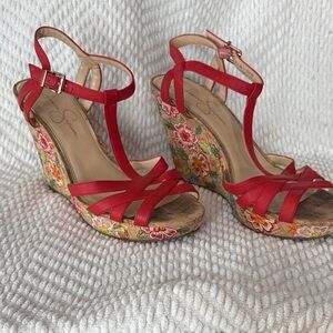 Jessica Simpson Red Floral Wedge Sandals